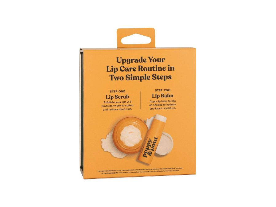 Orange lip care product packaging with text on a white background