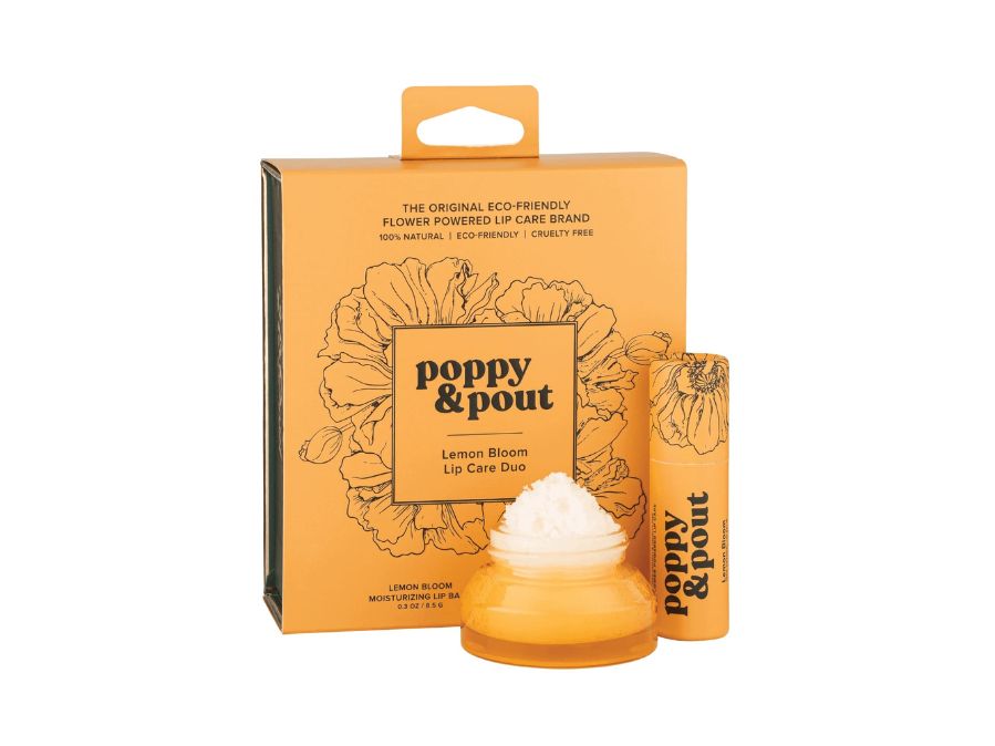 Poppy & Pout lip care product and packaging on a white background