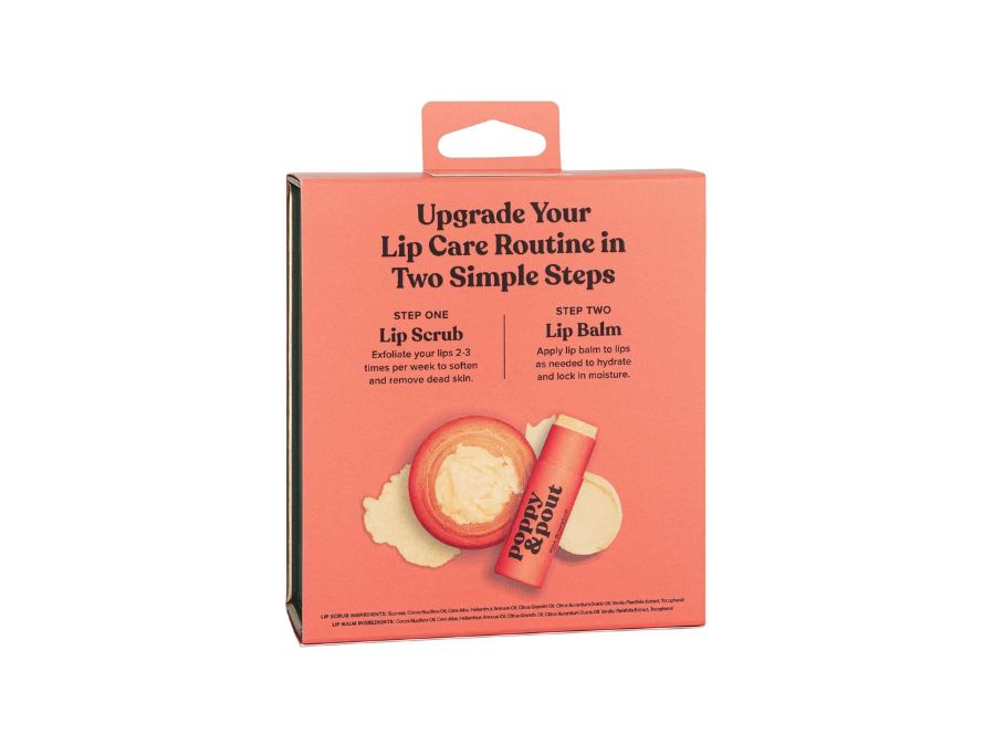 Lip care product set packaging with lip scrub and balm on a white background