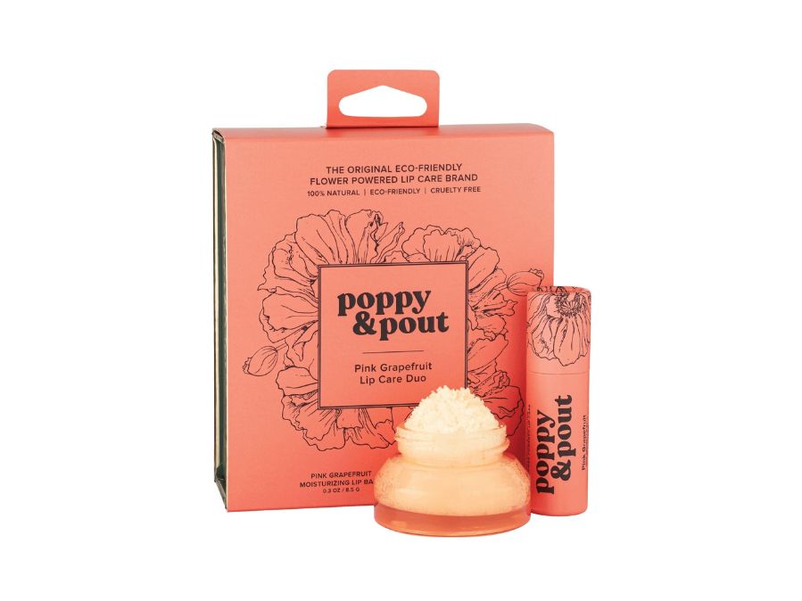 Poppy & Pout lip care product with packaging on a white background