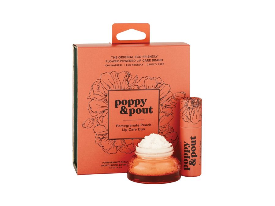 Poppy & Pout lip balm and packaging on a white background