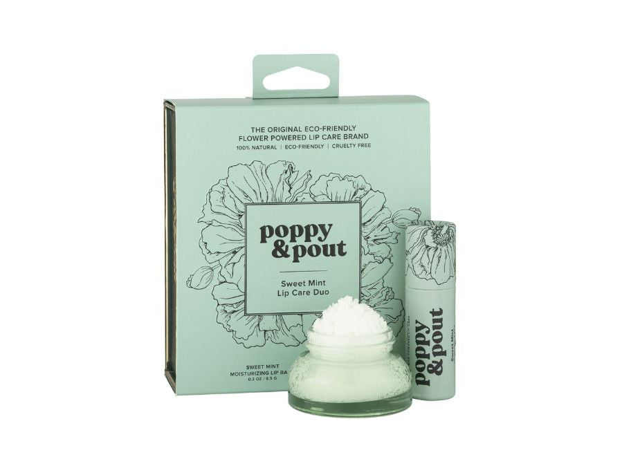 Poppy & Pout lip care product and packaging on a white background
