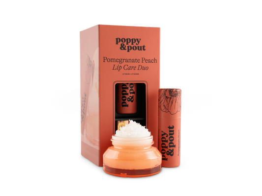 Poppy & Pout lip care duo with packaging on a white background