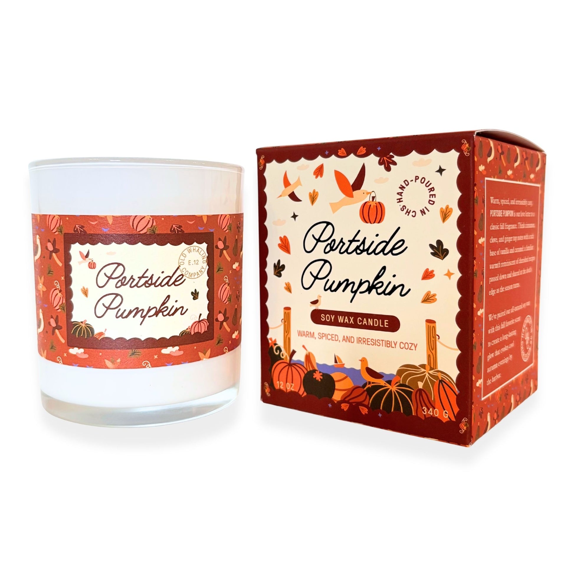 A Partside Pumpkin soy wax candle in a clear glass jar with a white wax fill and orange autumn-themed label, shown next to its matching red and cream retail box on a white background.
