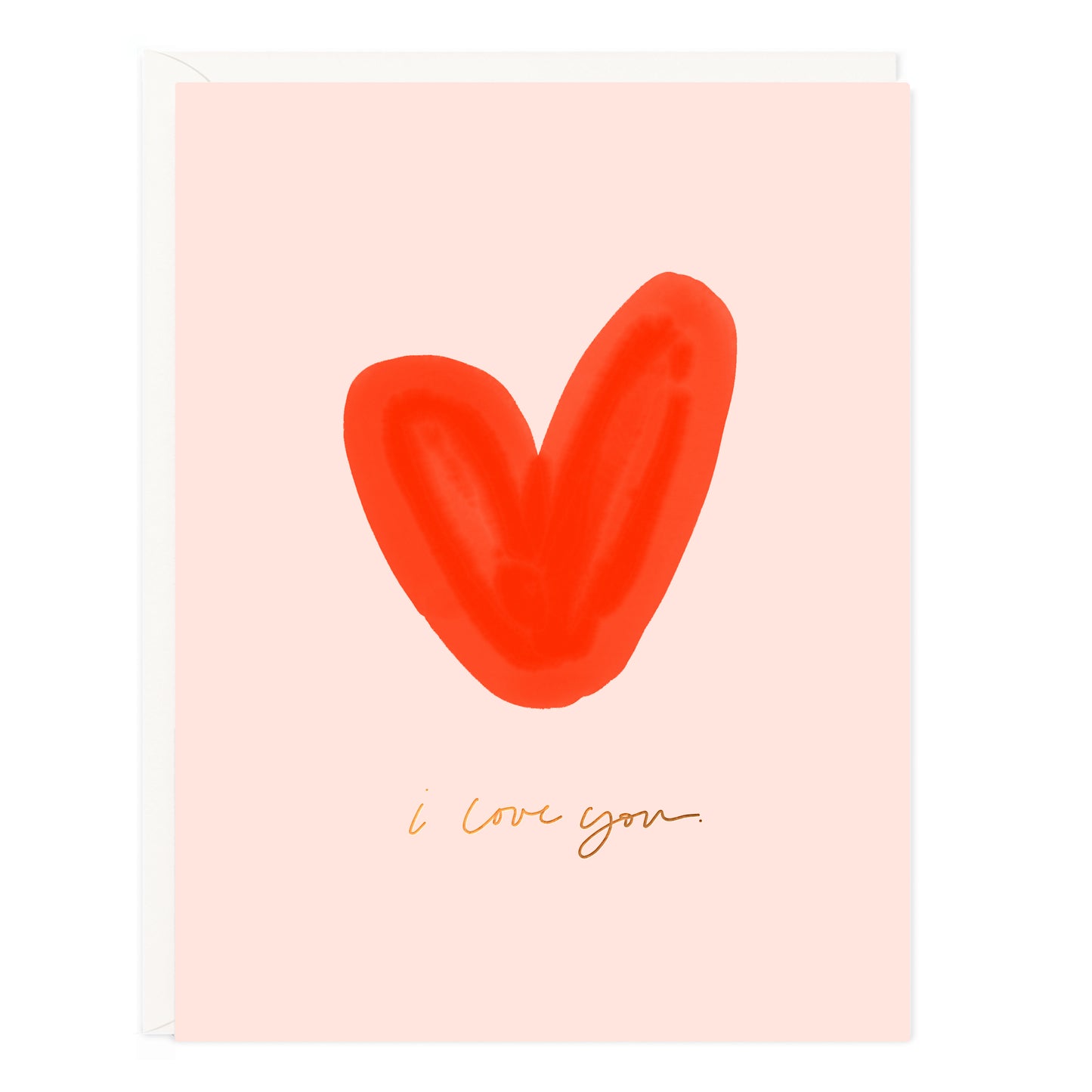 Pink card with red heart with script text saying "I Love You"