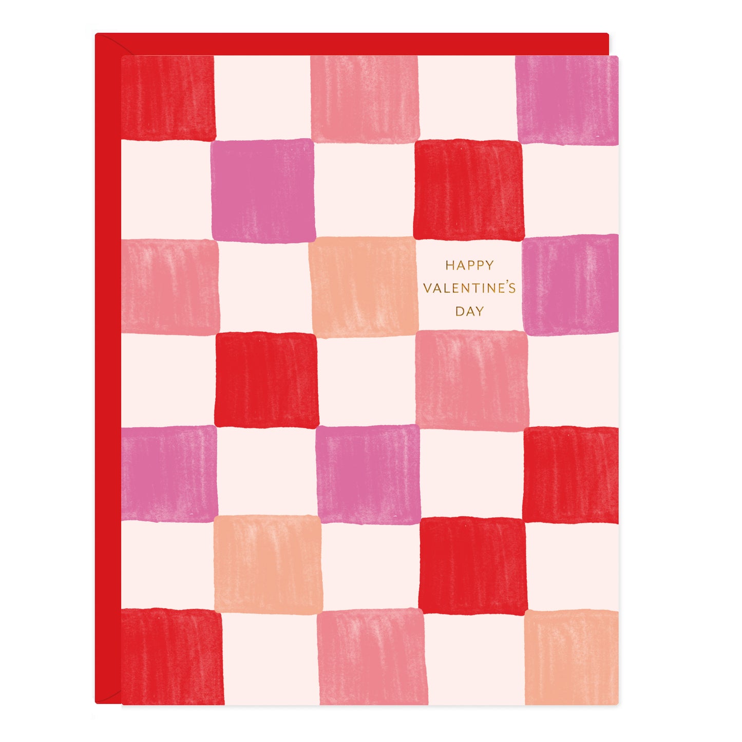 Valentine's Day card with a checkered pattern in red, pink, and white on a white background.