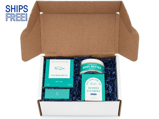 Old Whaling Sea la Vie Gift box shower steamers body butter candle and soap in white box with blue crinkle paper