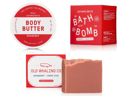 Old Whaling Co Seaberry bar soap, bath bomb and body butter set on a white background