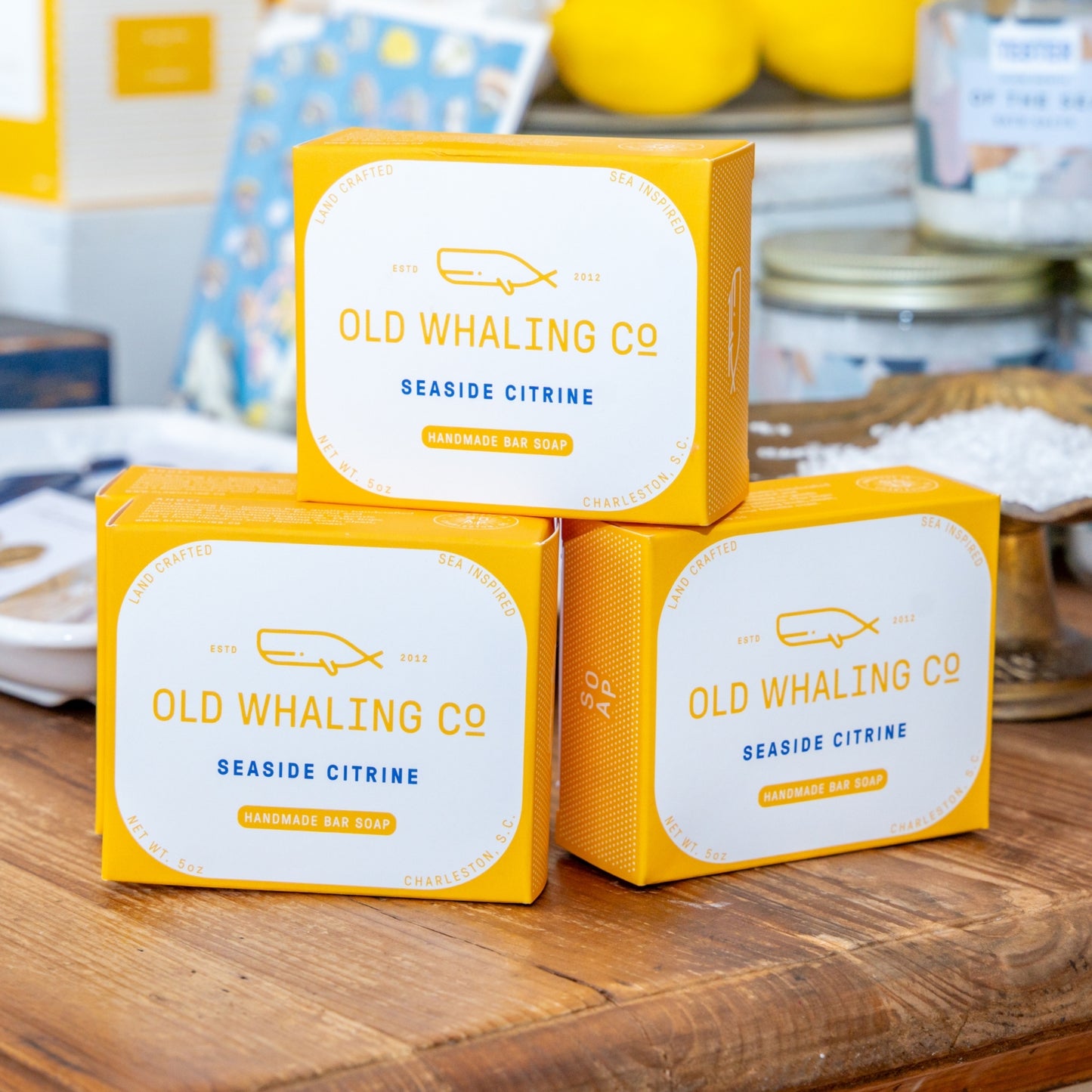 Seaside Citrine Bar Soap boxes styled in pyramid