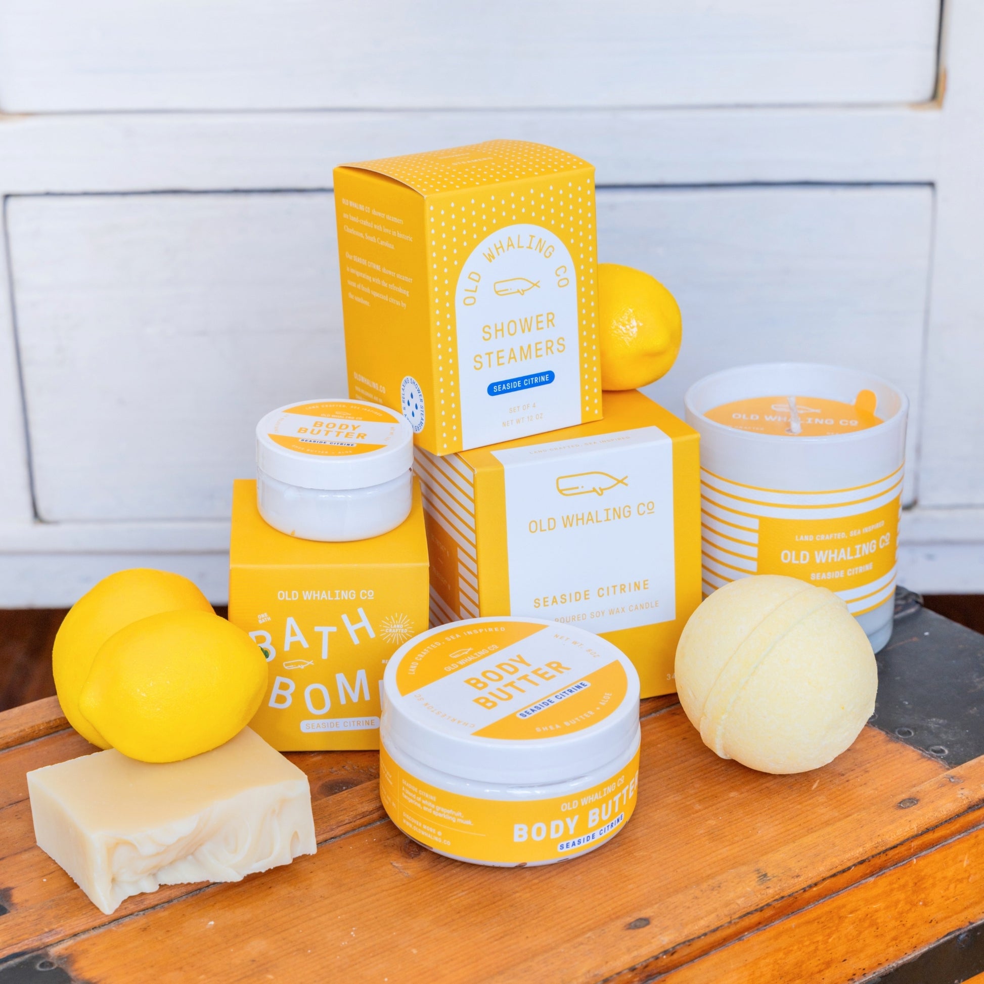 Seaside Citrine collection styled with faux lemons on vintage chest 