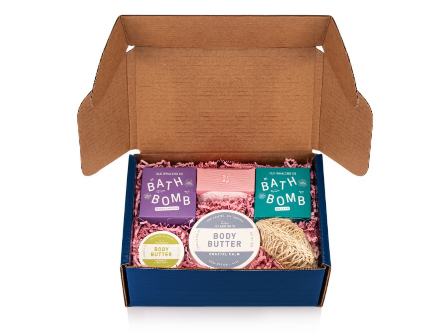 Sending Love Gift Box by Old Whaling Company best selling gift box, bath bombs, bar soap, body butter, sisal exfoliating sponge