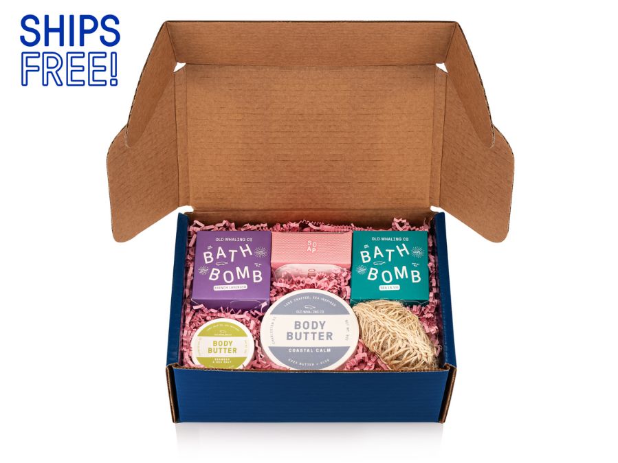 Sending Love Gift Box by Old Whaling Company best selling gift box, bath bombs, bar soap, body butter, sisal exfoliating sponge - ships free