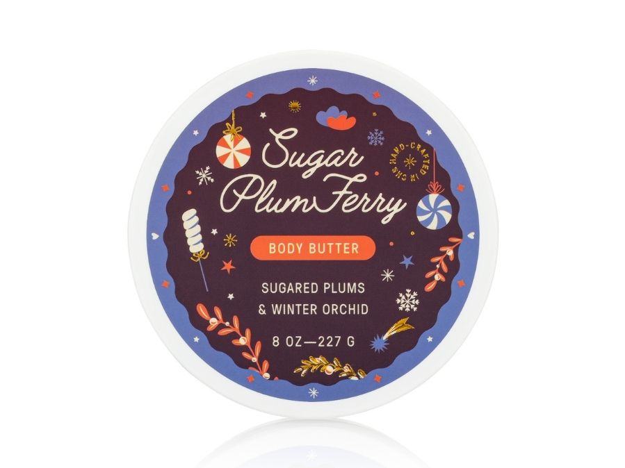 Body butter container with 'Sugar Plum Ferry' branding on a white background