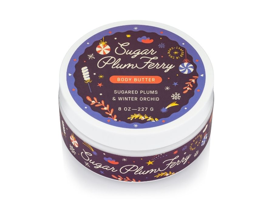 Body butter container with decorative label on a white background
