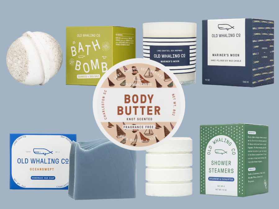 A masculine bundle of Old Whaling Company products on a light blue background