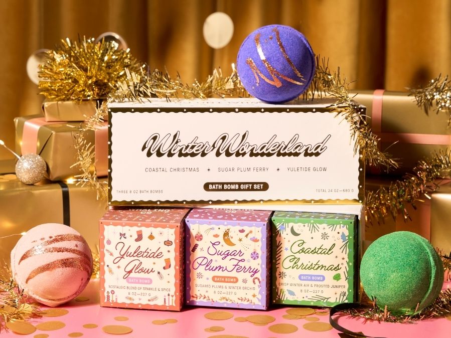 Winter Wonderland bath bomb gift set with colorful bath bombs and decorative tinsel.