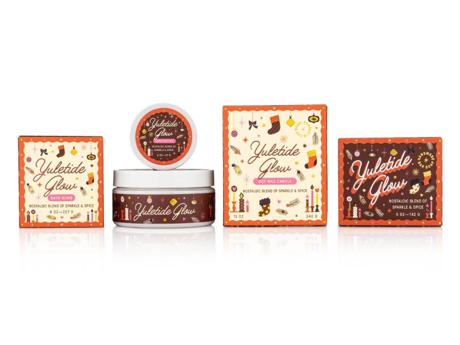 Yuletide Glow skincare product set with packaging on a white background