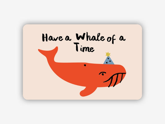 Whale gift card for use on website light pink card with blue whale wearing birthday hat